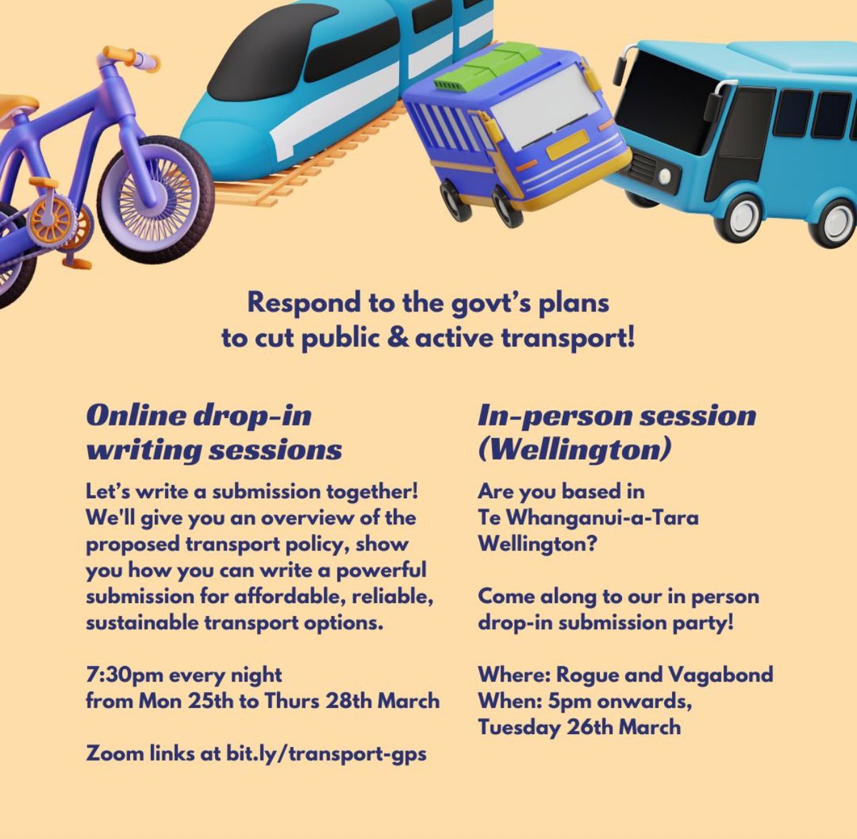 Remember to have your say on the govt’s draft transport policy before 2 April 🐝5 min action: Sign petition 🐇15 min action: Submit using T4A submission guide 💃30 min action, online: join an online submission party any evening this week 7:30pm Tues-Thu transport4all.org.nz