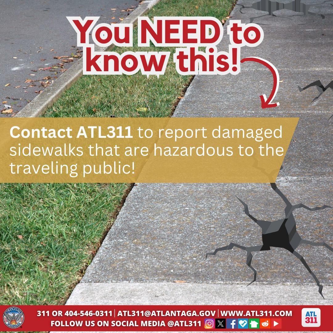 Stumbling upon sidewalk struggles? 🚧 Contact ATL311 and pave the way for safer strolls! 🛠️👟 Report damaged or hazardous sidewalks today!