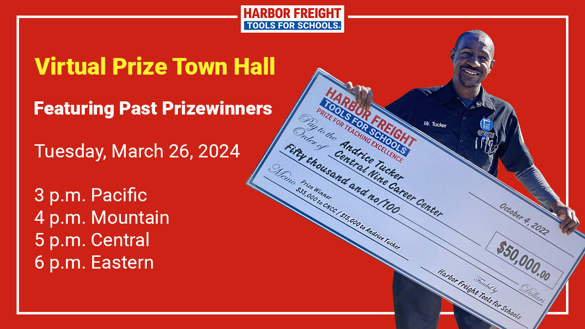 Join us tomorrow for a webinar with past prizewinners to learn about the 2024 Harbor Freight Tools for Schools Prize for Teaching Excellence application process, tips for writing strong applications, and more. Register here: ow.ly/v2h750QZg5b