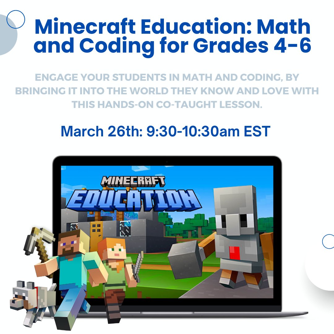 Dive into the world of #MinecraftEducation with Math and Coding for Gr. 4-6 🎮 📅 March 26, 2024 🕒 9:30 AM EST Join for FREE Here: l8r.it/cp3b Spark creativity and problem-solving skills in your students while aligning with curriculum standards. @playcraftlearn