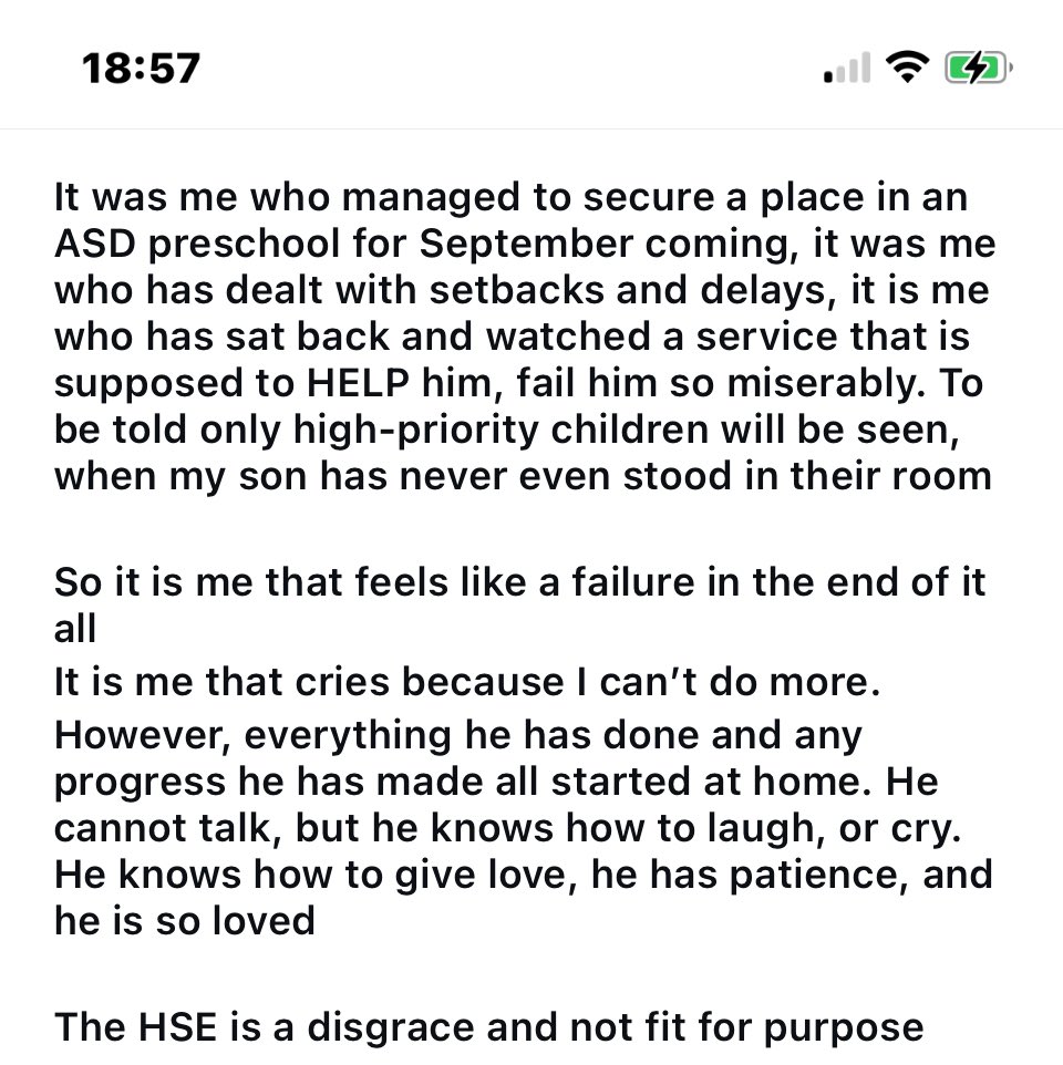 The reality of being a parent of a child who not only is autistic but is non verbal with global development delay.. Jodie is the best Mammy in the world & Kaylen is the luckiest wee boy.. 💚 The HSE however are a disgrace!! #CareCantWait