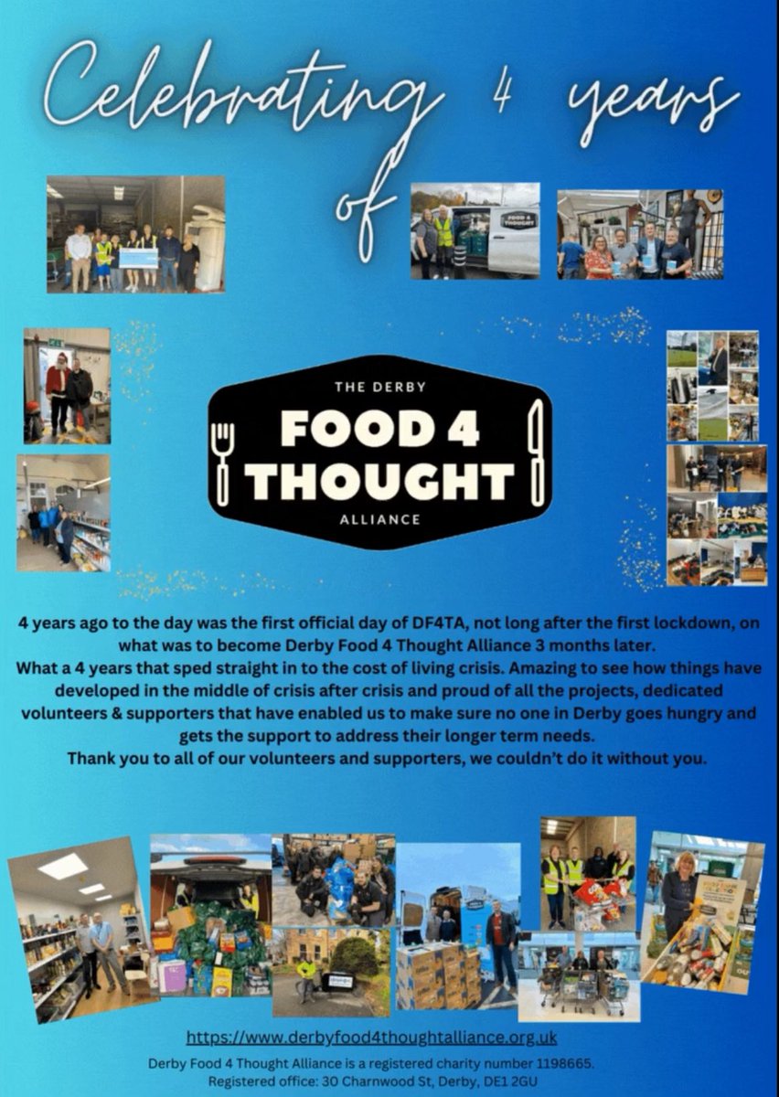 Today we are celbrating 4 years of Derby Food 4 Thought Alliance and woudllike to say a huge thank you to all our volunteers, partner organisations and supporters, we could not do it without you @DerbyCA @MarketingDerby @DCCTOfficial @DerbyCC @DerbyHomes