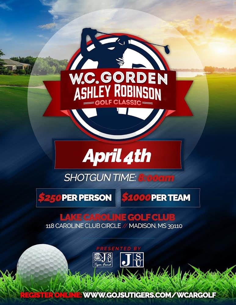 Registration for the W.C. Gorden/Ashley Robinson Golf Classic is now open! Visit shorturl.at/rwJKQ to register your team⛳️ #TheeILove | #GoJSUTigers🐅