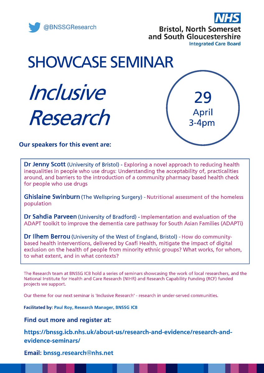 Next @BNSSGResearch Research Seminar: 👋 Inclusive Research 🗓️ Monday 29th April, 3-4pm, online. A packed event showcasing our RCF-funded projects at @UWEBristol @BristolUni @UniofBradford & Wellspring Surgery. Register to join: teams.microsoft.com/registration/s… …Please RT!