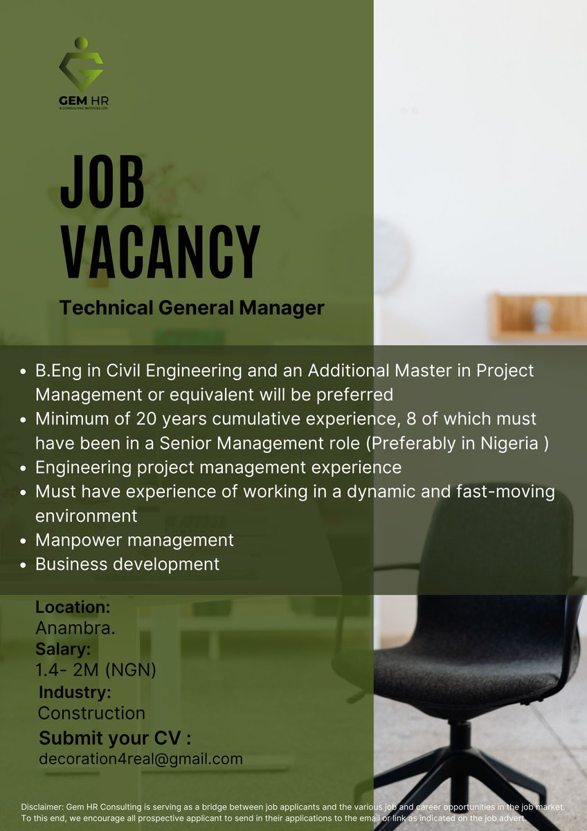 gem_hr's tweet image. Urgent vacancy for a qualified Technical General Manager. Interested candidates are requested to apply via email, with the job title mentioned in the subject line. #jobvacancy #EntryLevelJobs #technicalgeneral #jobsearch #GraduatesEmployment #Manager @job_posting @hittheone.mx