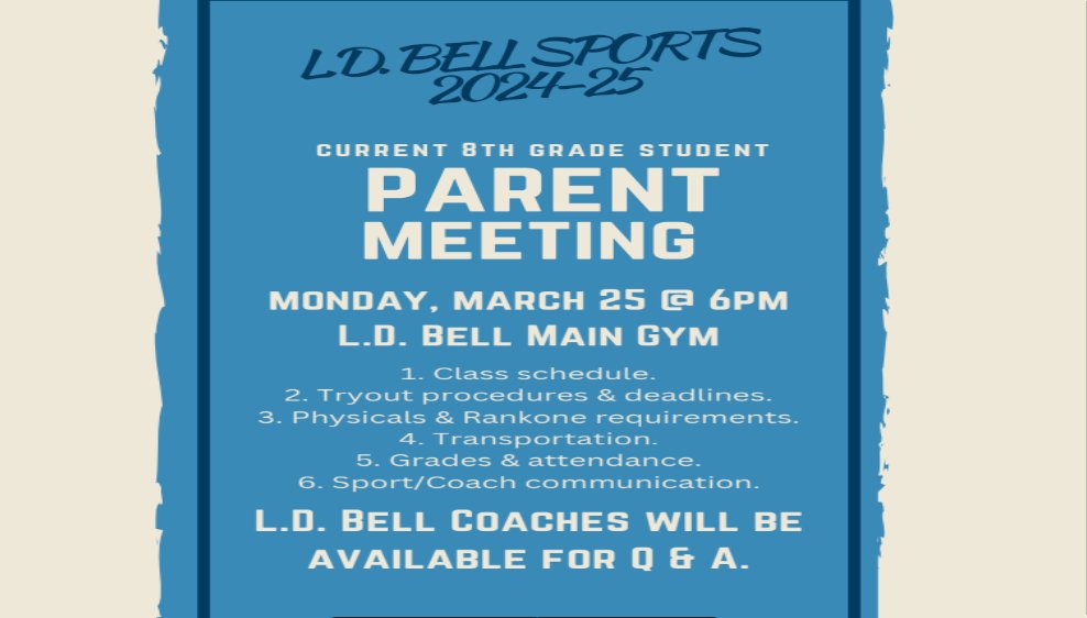 Are you a current 8th grader with questions regarding 9th grade Bell athletics? Come to tonight's meeting.