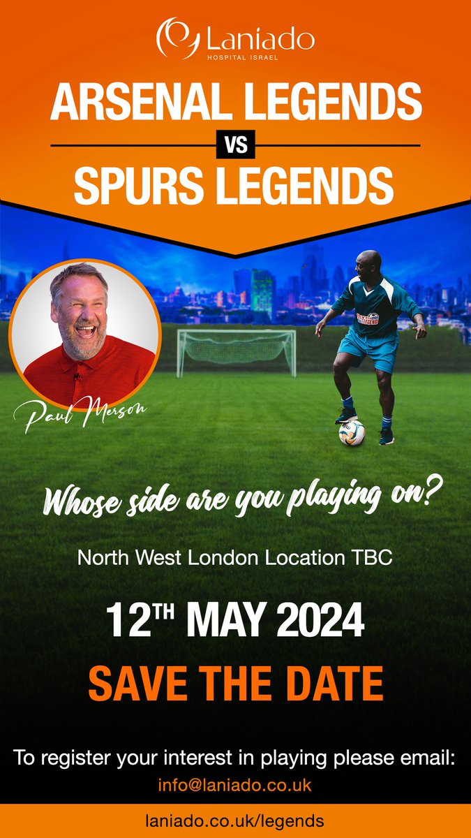laniadouk's tweet photo. Arsenal and Spurs Football Legends are kicking off for Israel!
Come join us to watch thel icons battle it out on the field. All proceeds go to Laniado Hospital 🇮🇱
⚽ £8 Adult / £5 Child and Concessions
⚽ Proceeds go to Israel
Email us at info@laniado.co.uk for more info https://t.co/gReXW5f87Y