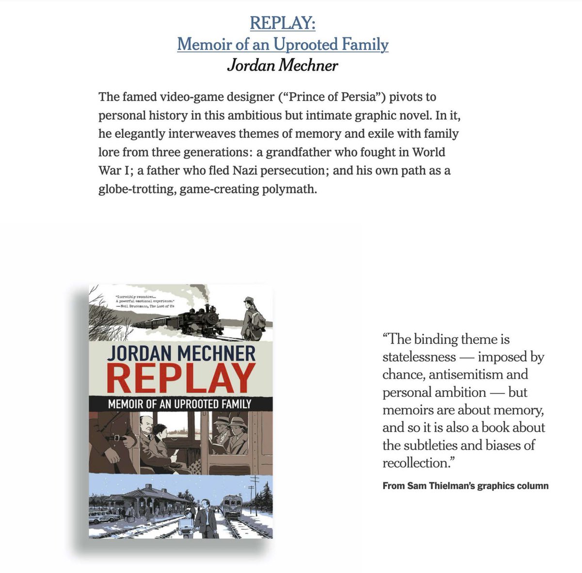 My graphic novel memoir REPLAY reviewed by @nytimes '8 New Books We Recommend This Week' @01FirstSecond Info about the book, excerpts and free preview: jordanmechner.com/en/books/repla…