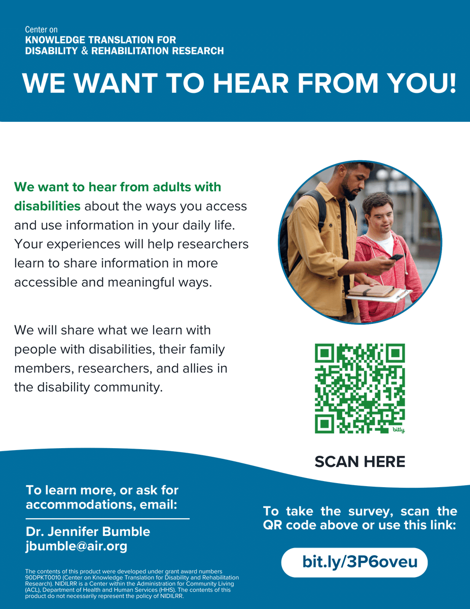 The @KTDRR_Center wants to hear from you!  Share your experiences as an adult with disabilities, so that information may be passed on to others who need it. Visit bit.ly/3P6oveu to participate. #disability #KTDRR #shareyourexperience