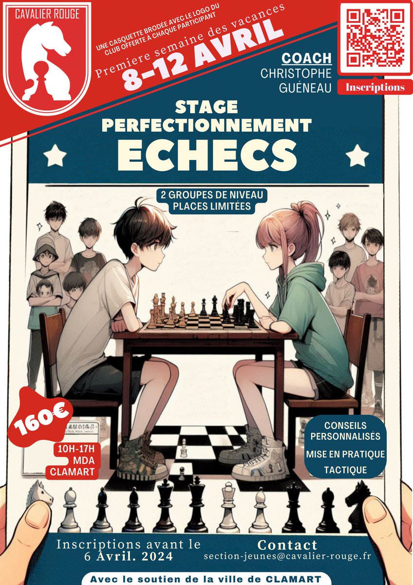 Vu le succès de la précédente session, <a href="/lecavalierrouge/">Le Cavalier Rouge</a> organise du 8 au 12 avril pour vos petits (ou grands) champions ;) un stage pour s'améliorer &amp; passer un cap dans leur pratique (niveau intermédiaire &amp; compétition). 
#chess #competition #clamart #vacancesprintemps