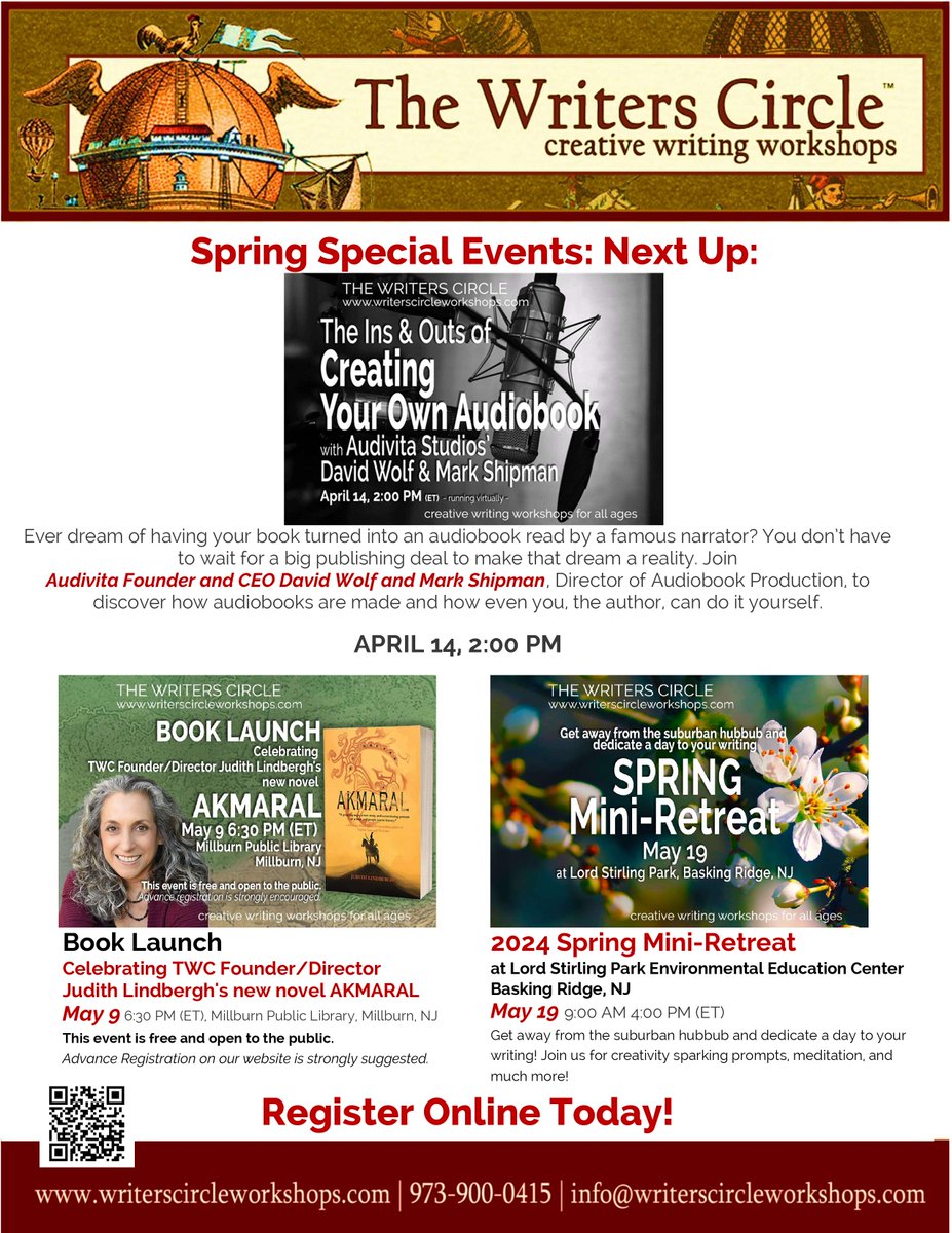 Can't make it to our workshop series? No worries, join us for our Spring Events! writerscircleworkshops.jumbula.com/events