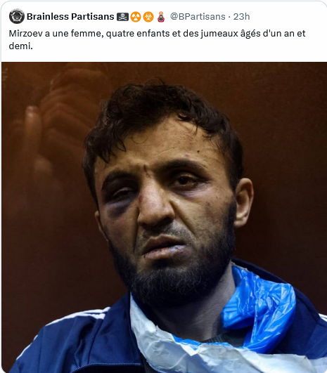 _Direct_News's tweet photo. On ne va quand même pas plaindre un terroriste, non ?
#Mirzoev #terroriste #terroristes #Russie #Moscou #moscowterrorist #MoscouAttack #MoscouAttaque
