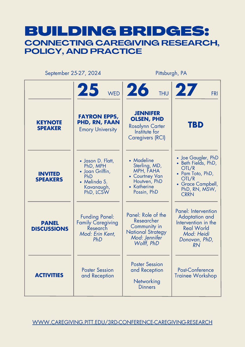 Excited to share a first look at the agenda for our upcoming conference! Take a look and don’t forget to submit your abstract by April 7, 2024. More info on our site: caregiving.pitt.edu/3rd-conference…