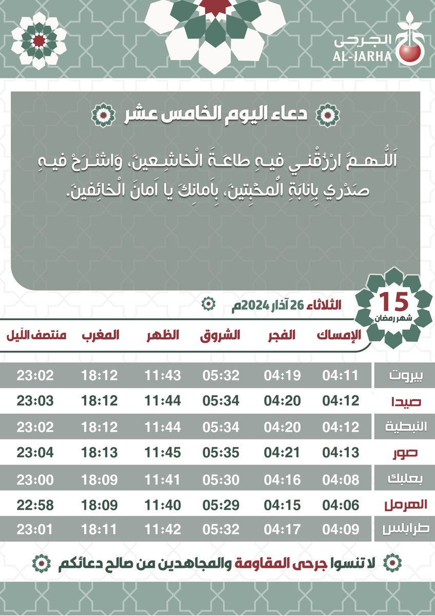 🛑 للاستفادة. -امساكية اليوم الخامس عشر من شهر رمضان المبارك - لا تنسوا جرحى المقاومة والمجاهدين من صالح دعائكم.🙏