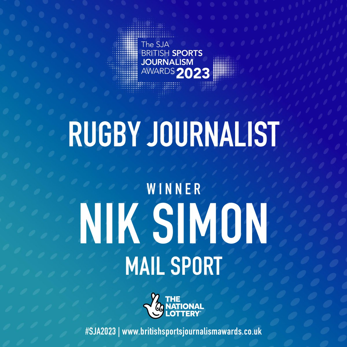 Making its return year, we have the Rugby Journalist of the Year, and the winner is @nik_simon88! He was praised for a 'game-changing' interview on racism. Well done Nik! 🏉 #SJA2023