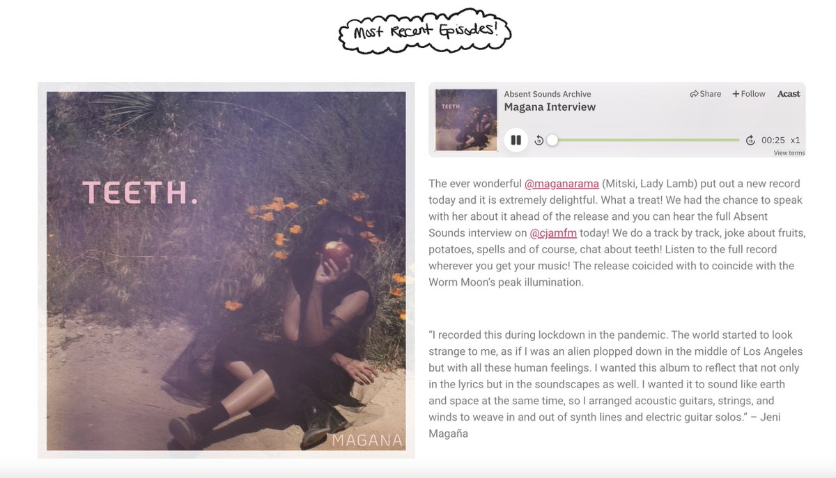 Audio Antihero (Avery Friedman LP Out Now) (@audioantihero) on Twitter photo INTERVIEW: There's a wonderful deep dive interview with <a href="/maganarama/">Magana</a> up now in the <a href="/SoundsAbsent/">Absent Sounds</a> archive (originally airing on <a href="/CJAMFM/">CJAM 99.1 FM</a>).
If you caught their episode with <a href="/heyitsfrog/">frog, a band</a> you'll know how special the show is. Weadee & Weajue are the best.
deeandjue.me/absent-sounds INTERVIEW: There's a wonderful deep dive interview with <a href="/maganarama/">Magana</a> up now in the <a href="/SoundsAbsent/">Absent Sounds</a> archive (originally airing on <a href="/CJAMFM/">CJAM 99.1 FM</a>).
If you caught their episode with <a href="/heyitsfrog/">frog, a band</a> you'll know how special the show is. Weadee & Weajue are the best.
deeandjue.me/absent-sounds