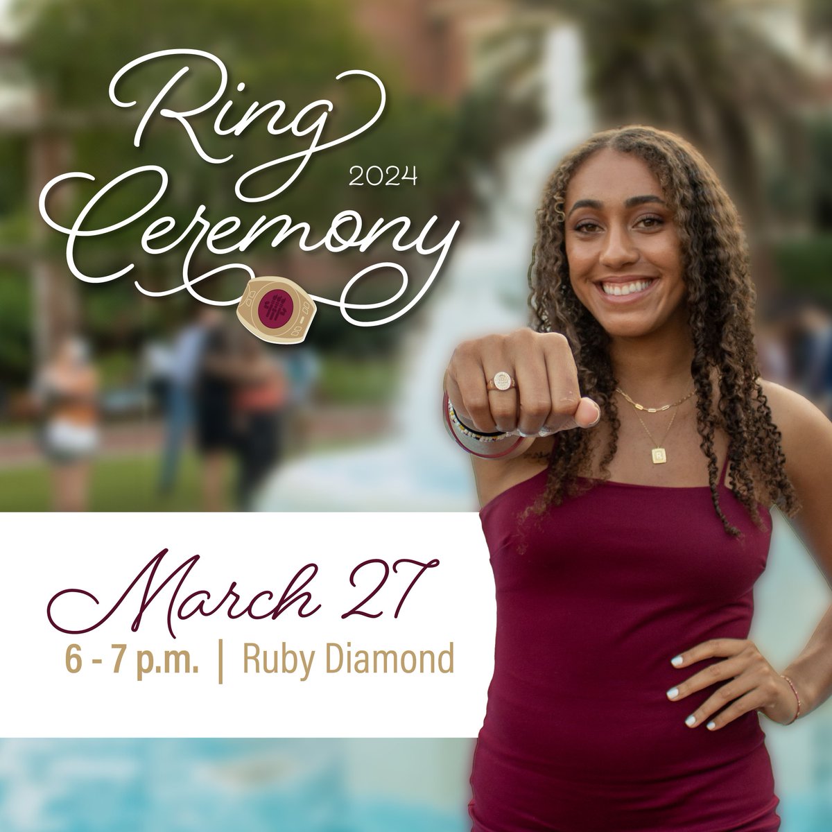 Let the traditions continue! Join students during the @floridastate Ring Ceremony this Mar. 27 at Ruby Diamond and Westcott Plaza from 6 - 7 p.m. as they honor and celebrate their FSU experience! #FSUTraditions #GoNoles