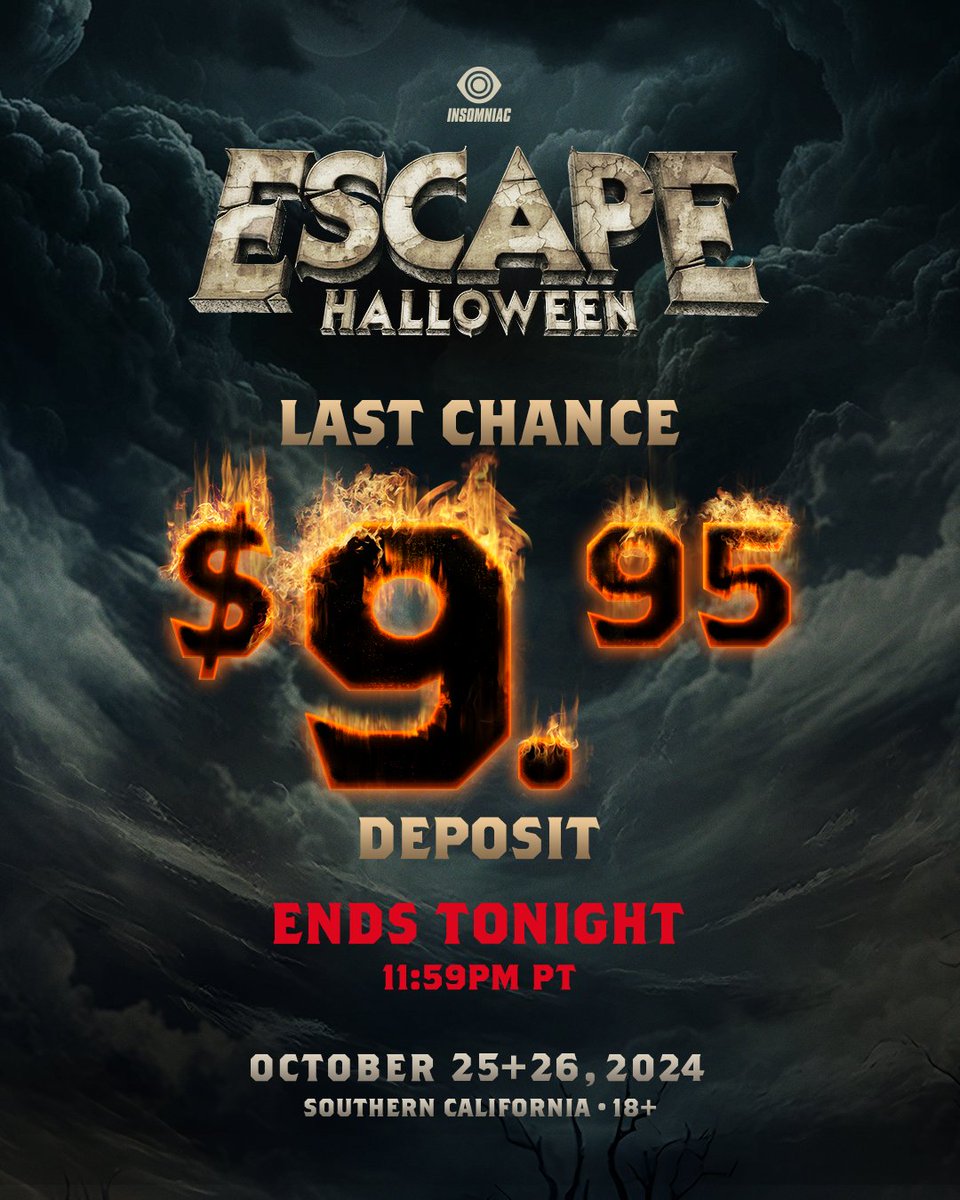 Don't fright! If you missed out on the $9.95 deposit, we have EXTENDED it one more day to end TONIGHT! ⏱️🔥 You have one last chance to secure your spot before 11:59PM PT! → insom.co/escape