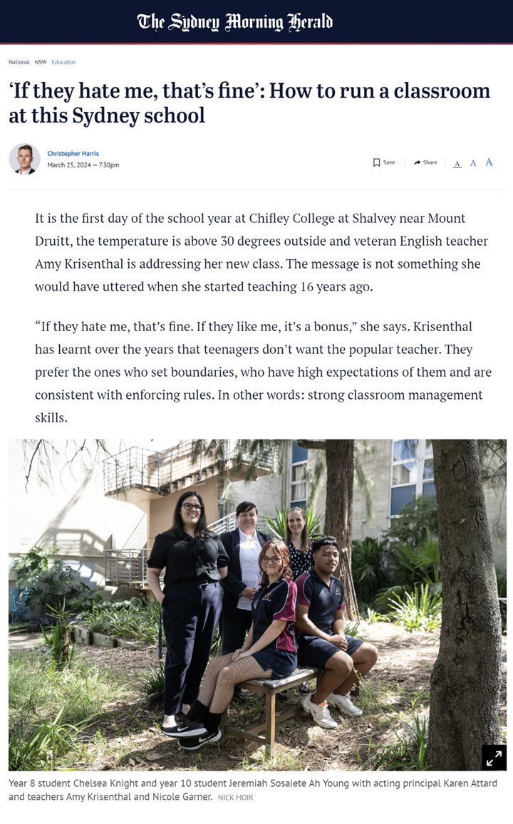 “If they hate me, that’s fine’: Classroom management is the single biggest factor when it comes to helping disadvantaged students succeed academically. See @smh article on @ChifleyCSC having high expectations & explicitly teaching positive behaviours. smh.com.au/national/nsw/i…