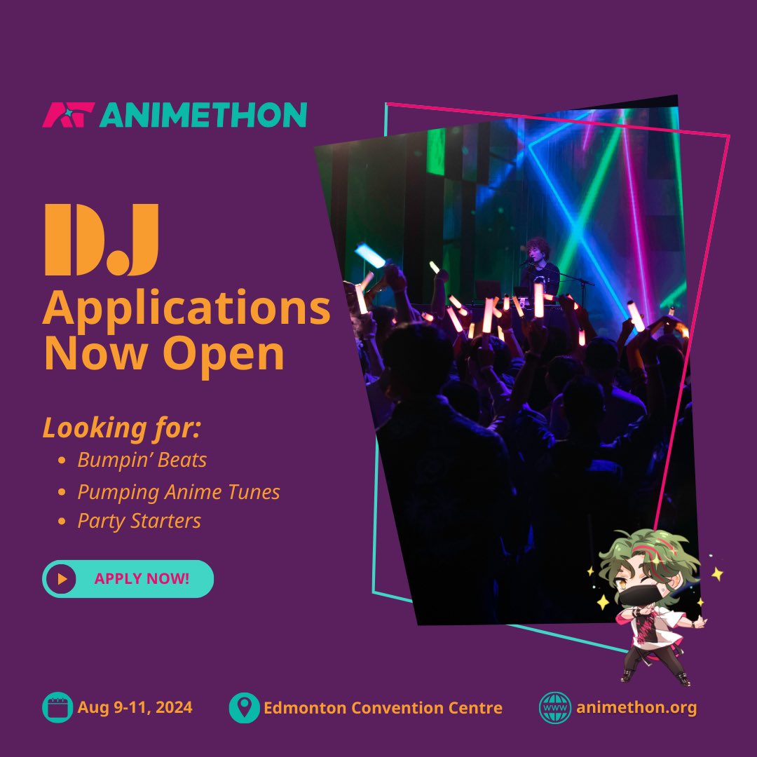 Animethon is on the hunt for talented DJs to rock the AniDance during our upcoming event! If you are ready to spin some tunes with us, then we want to hear from you! Apply at: asapa.ca/animethon/2024… #animethon #yeg #AnimeDance #DJSearch