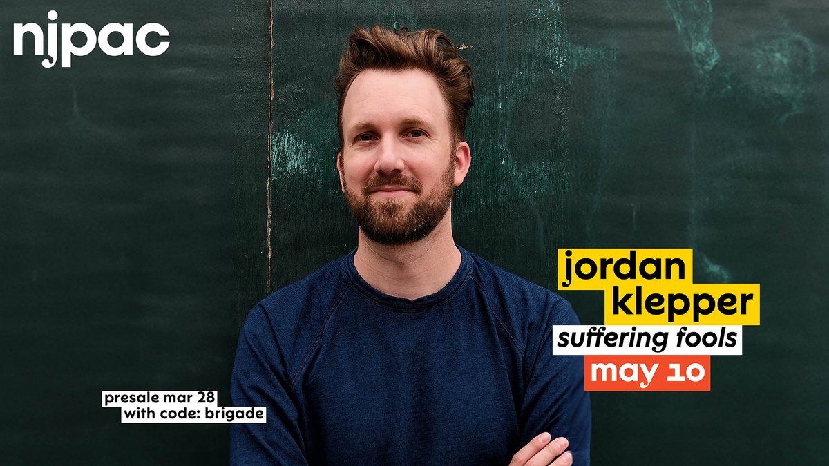 Comedian @JordanKlepper brings his signature wit to #njpac on May 10 with the Suffering Fools tour! Get tickets ahead of the general public with code BRIGADE this Thursday at 10AM: bit.ly/njpacklepper