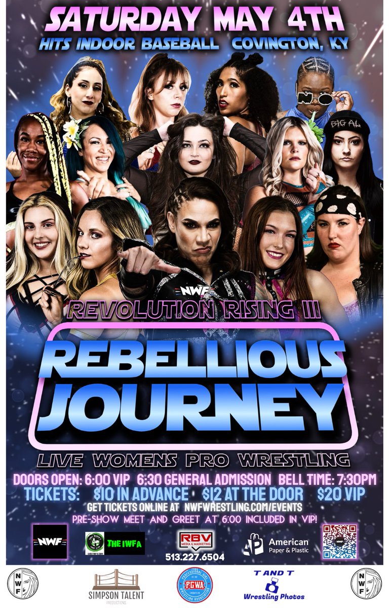 Revolution Rising 3 is rapidly approaching! We are ready to throw down & take names! Get your tickets at nwfwrestling.com/events ! @LaynieLuck @RealMMartinez @MartiBelle @rileyyymatthews @NikkiVictory_ @screamqueenella @JadaStoneee @realsavsweet @_mikapro @its_BREEZY_