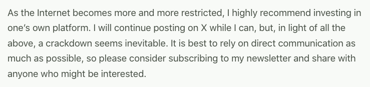 Thank you, Byron. Part of my answer to your q is available in my first Substack: noorbinladin.substack.com/p/a-new-home I think X is still valuable for research/analysis, but it's a double edged sword as we are being data mined. At some point, it will be untenable to remain on X.