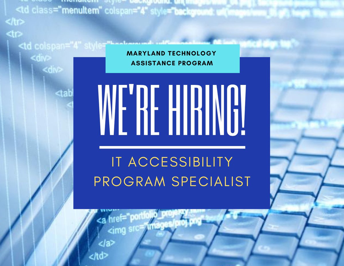 MDDisabilities (@mddisabilities) on Twitter photo The IT Accessibility Program Specialist position provides technical assistance during State procurement processes and address accessibility concerns of State employees. 
The application is open until April 10, 2024 at midnight. 
jobapscloud.com/MD/sup/BulPrev…... The IT Accessibility Program Specialist position provides technical assistance during State procurement processes and address accessibility concerns of State employees. 
The application is open until April 10, 2024 at midnight. 
jobapscloud.com/MD/sup/BulPrev…...