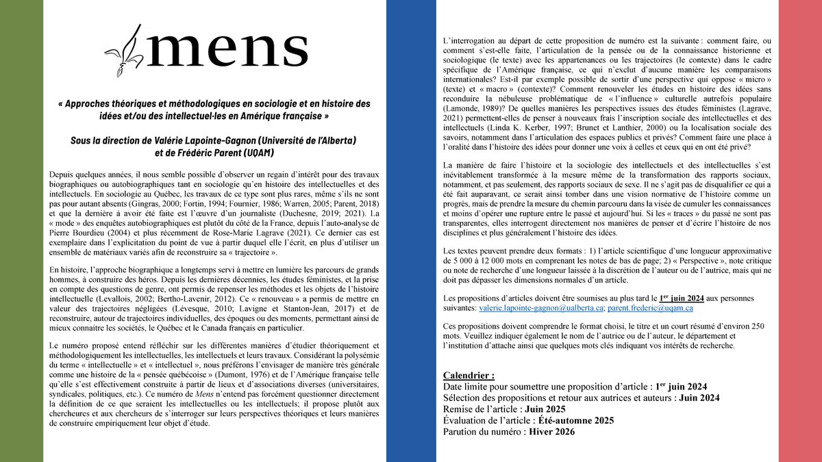 La @RevueMens, éditée au CRCCF, relance son appel à contributions pour un numéro qui aura pour thème : « Approches théoriques et méthodologiques en sociologie et en histoire des idées et/ou des intellectuel·les en Amérique française ». #crccf @uOFrancophonie @uOttawaMLagace