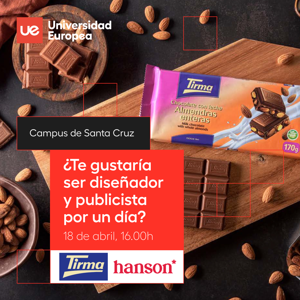 🗓️ El 18 de abril te invitamos al Campus de SC para un emocionante taller para interesados en #publicidad y #diseño.

Con la ayuda de creativos de <a href="/hansoneshanson/">hanson*</a>, trabajarás con los productos de @tirma_oficial 🍫

Inscríbete👉🏼 rebrand.ly/454rz3o

#SoyUECanarias
