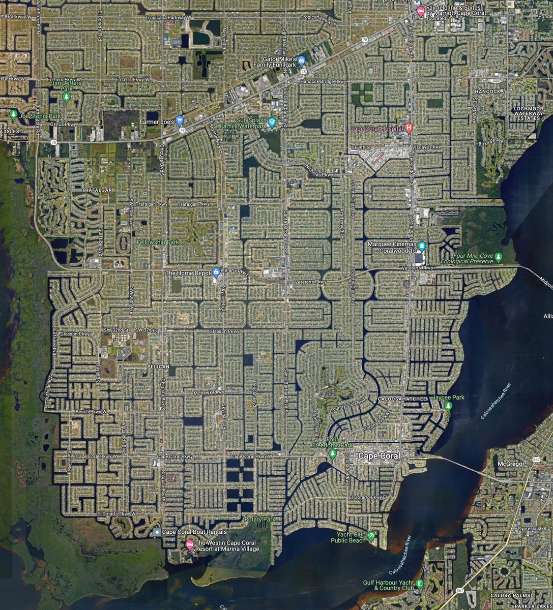 One of the crazy things to me about Florida is that they could have built a literal utopia by creating the Amsterdam of the tropics. Walkability, great weather, clearwater canals, the whole nine yards.

Instead, they chose to build suburbia, but with swamps.