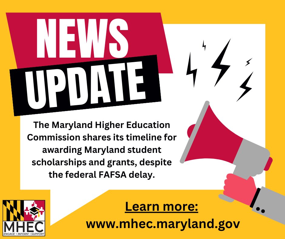 MHEC is working with higher education institutions across Maryland to establish a timeline for awarding State scholarships and grants to eligible students. Learn more: mhec.maryland.gov/Pages/New-Time… #FAFSA #MDFinancialAid #MDScholarships