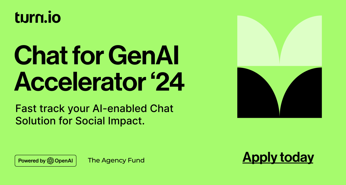 turn_io's tweet image. 🚀 The countdown begins! Are you ready to revolutionise your impact with AI? Applications for the Chat for Impact GenAI Accelerator close this coming Sunday March 31st at 6 pm GMT. 
Don&apos;t miss out! 
Apply now: bit.ly/3wlfrM7
#GenAIaccelerator #SocialImpact #AIforGood #AI…