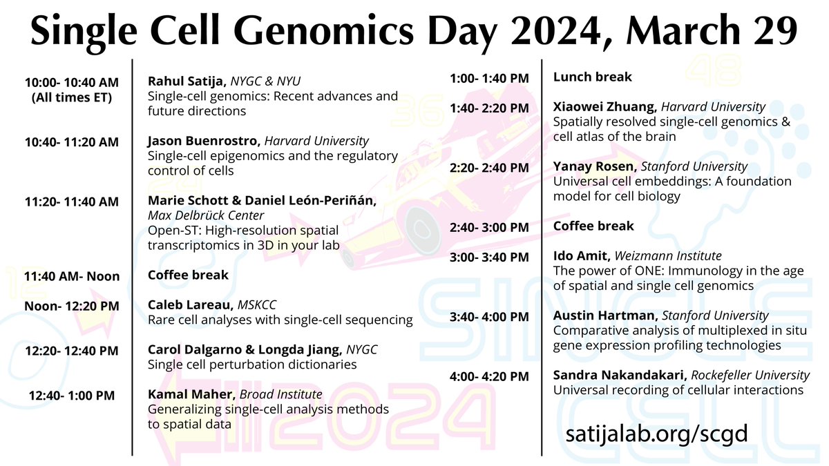 Our Single Cell Genomics Day - highlighting our favorite new sc/spatial methods - starts Friday at 10AM ET!

The most common question we get: is this open to anyone? Yes! Talks are free and live-streamed (no registration required) on Youtube and satijalab.org/scgd