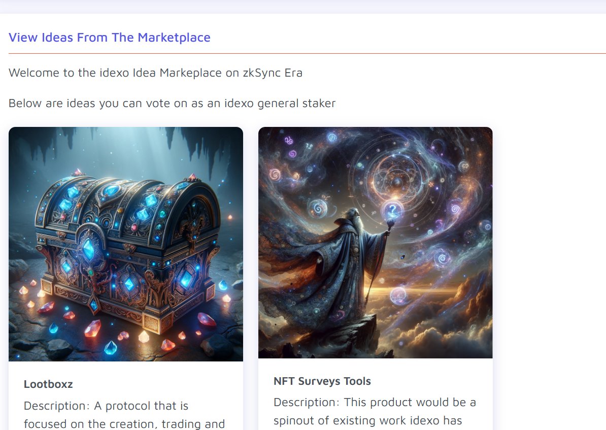idexo_io's tweet photo. Have an idea for a @zksync #DApp you think should get built? Now you can create and vote for the best ones at the Gas-Free #Ideas #Marketplace at https://t.co/SDFtqTb0BK.

Any holder of an idexo general Staker NFT can create ideas and vote on them, completely #gasless thanks to a #NFT-gated #Paymaster.

Each month the ideas with the most votes will get built using idexo infrastructure and value will flow to stakers, with multipliers for creators, voters, users and promoters!