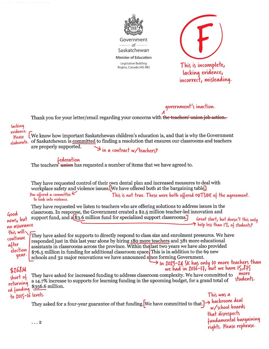 SaskTeachersFed's tweet image. Thanks, @trudykeil! We did some marking, too. 

If you’ve helped send nearly 400,000 emails (and counting) to government through Tell Them Tuesday, you may have received this new form letter response from @jeremycockrill.

We’re going to need a new red pen.