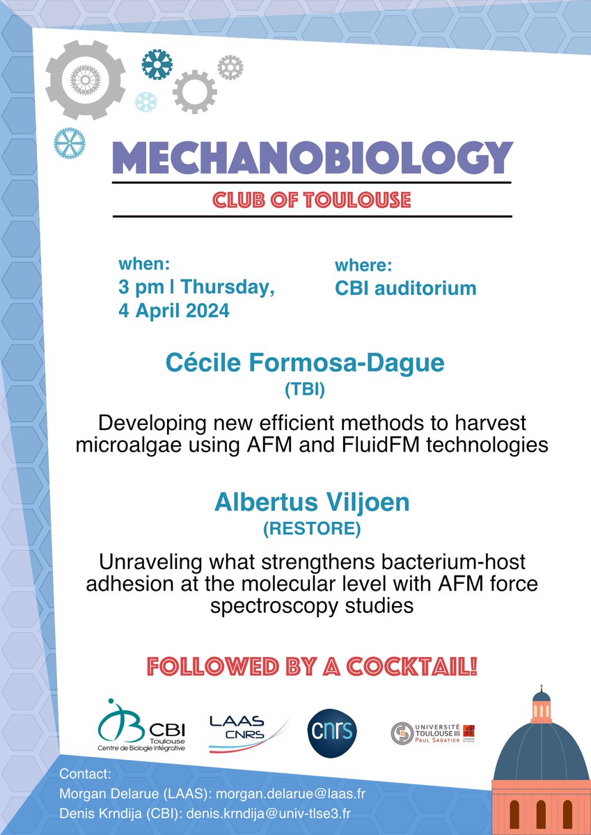 Don't miss our upcoming #Mechanobiology club of Toulouse, focusing on #AFM ! We're lucky to have experts @CecileFormosa & Albertus Viljoen to share their latest research, followed by a cocktail🍸✨🤩👇