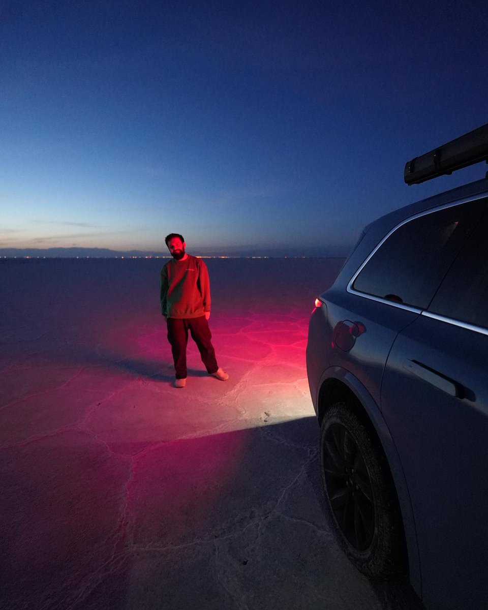 Andrew and Alexa on their way to India, right in the middle of salt lake Haj Aligholi.

The Haj Aligholi salt desert is located southeast of Iranian city Damghan, near the village of Kurzan.