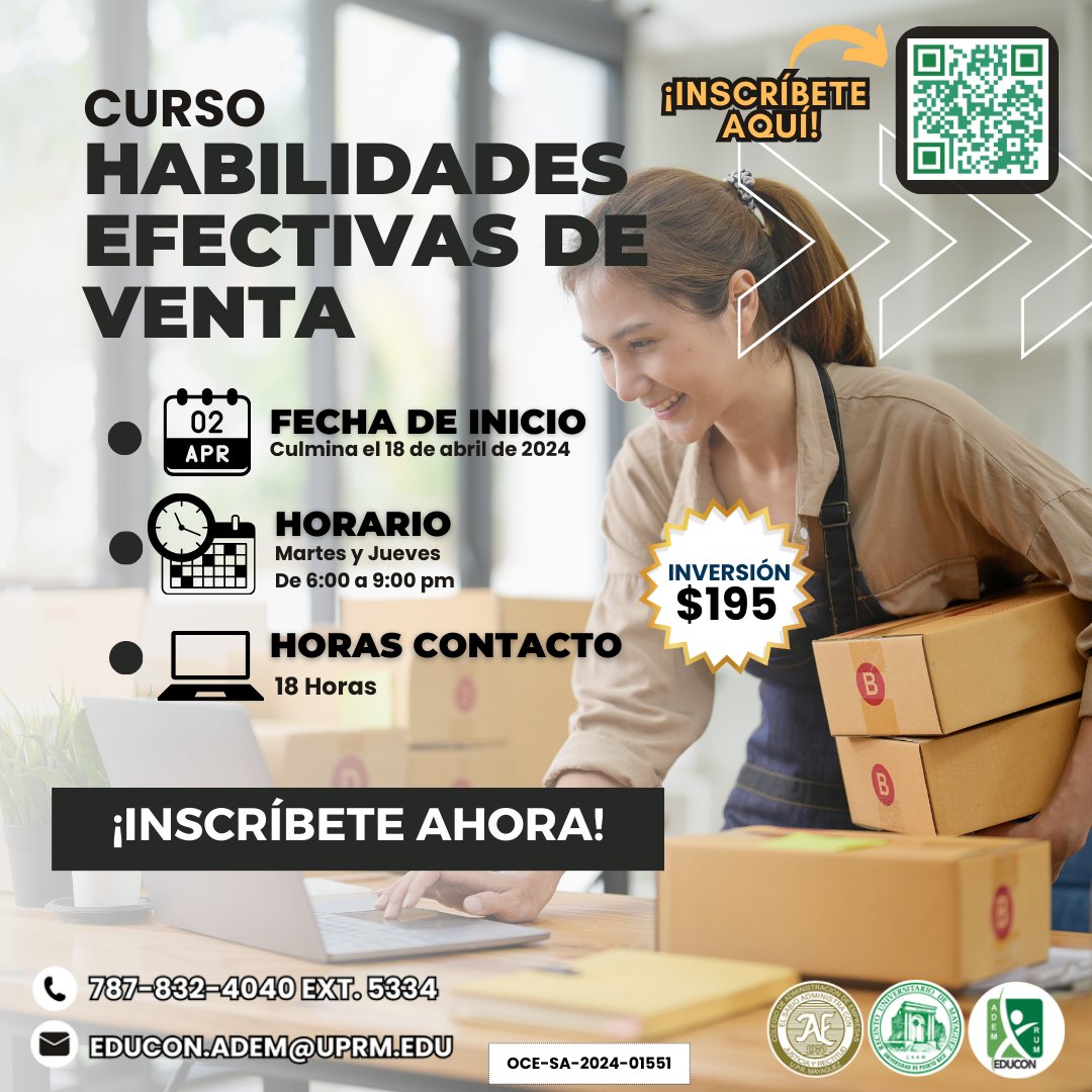 🚀 Impulsa tus ventas con nuestro Curso de Habilidades Efectivas de Ventas. Aprende técnicas de negociación, comprende el comportamiento del consumidor y personaliza tus estrategias. ¡Regístrate ya para alcanzar el éxito en las ventas! 📈💼

#Ventas #CrecimientoProfesional