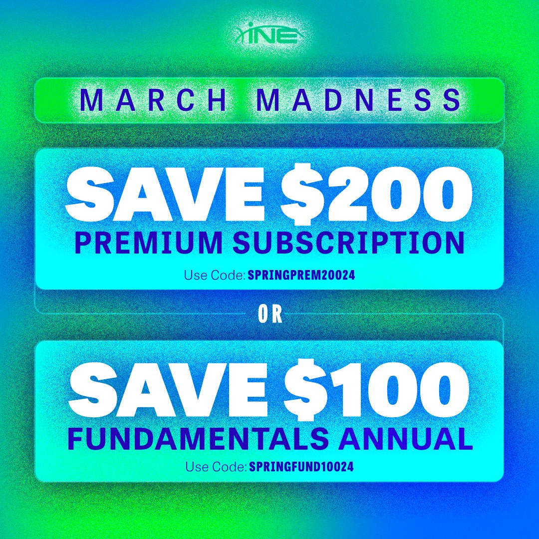 🚨 ONLY ONE MORE DAY to save on INE Premium and Fundamentals Annual training before this deal expires March 26 midnight EST! Use these codes and buy now: bit.ly/3TrRj29

👉 $100 off Fundamentals: SPRINGFUND10024
👉 $200 off Premium: SPRINGPREM20024