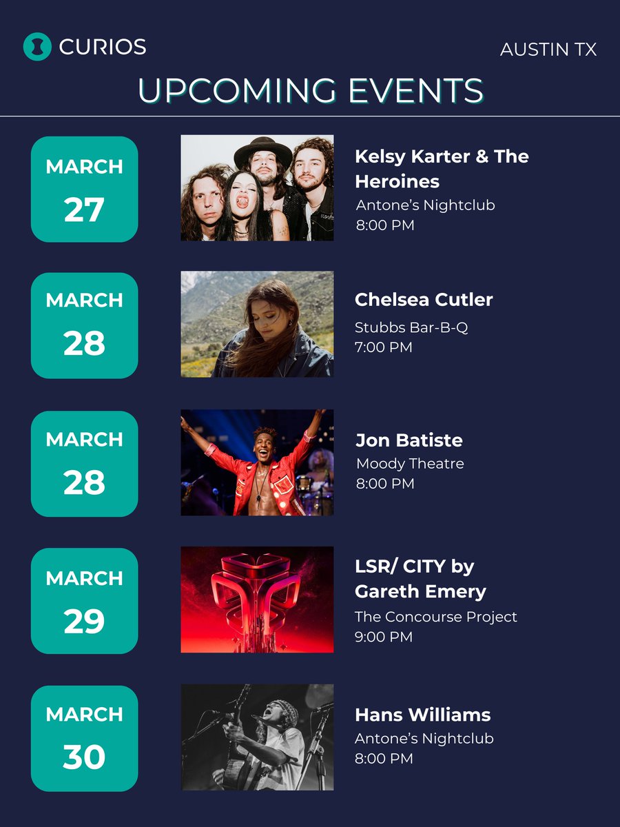 #Curios is delighted to welcome  all the talented artists joining us for live shows in #ATX this week. We’ve highlighted some of our favorite artists you won’t want to miss: 🌟 @KelsyKarter Date: Wednesday, March 27th Time: 8:00 PM Venue: Antone's Nightclub 🌟 @JonBatiste…