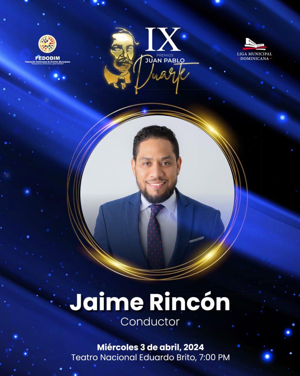 Nos enorgullece anunciar que 𝙅𝙖𝙞𝙢𝙚 𝙍𝙞𝙣𝙘ó𝙣, será el conductor de la IX #𝗣𝗿𝗲𝗺𝗶𝗼𝘀JP𝗗𝘂𝗮𝗿𝘁𝗲. Con su estilo único y su compromiso con la excelencia, @jaimerinconrd promete llevarnos por una noche donde celebraremos lo mejor de nuestros Distritos Municipales 🇩🇴