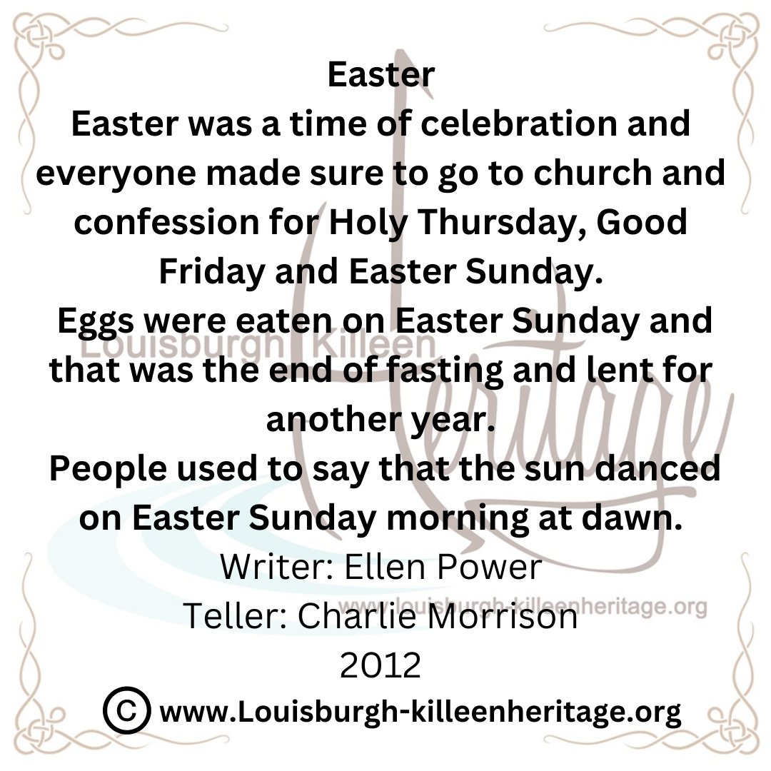 In 2012 national schools, Killeen NS and Louisburgh NS participated in a project with us gathering local #folklore stories from older members of our #community. There are some wonderful stories archived on our website and below are two extracts relating to #Easter #Traditions