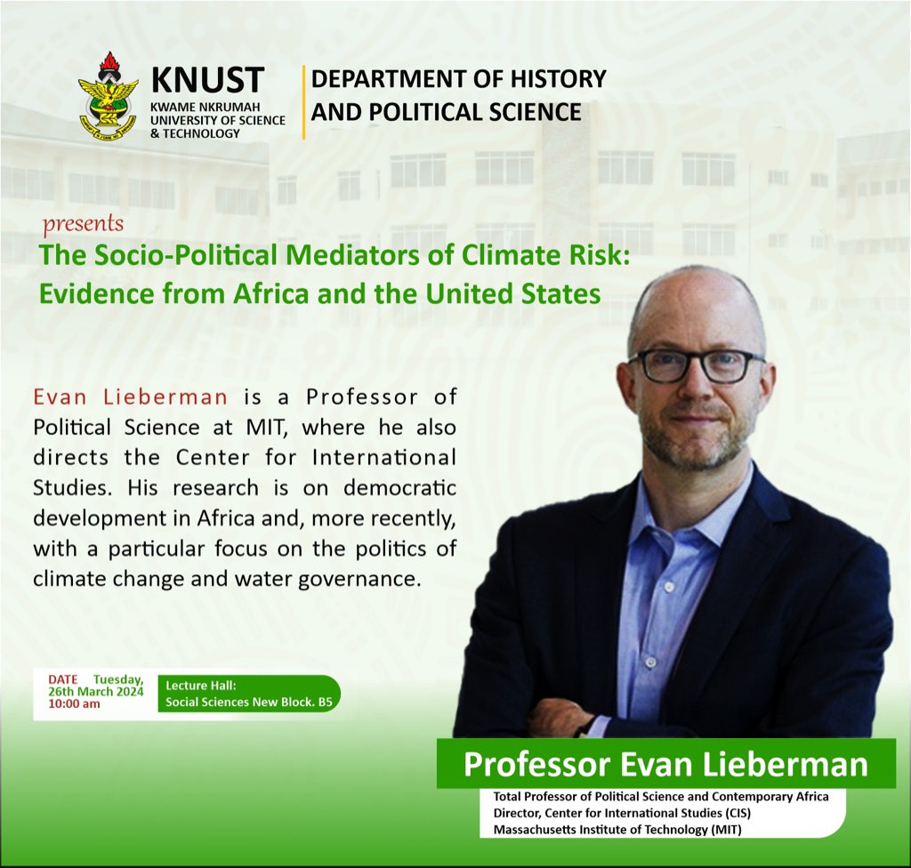 Just arrived in Kumasi, Ghana and really looking forward to meeting faculty and students to talk about politics and climate change at @KNUSTGH tomorrow. @MIT_CIS @lab_diversity @MITAFRICA @MITPoliSci
