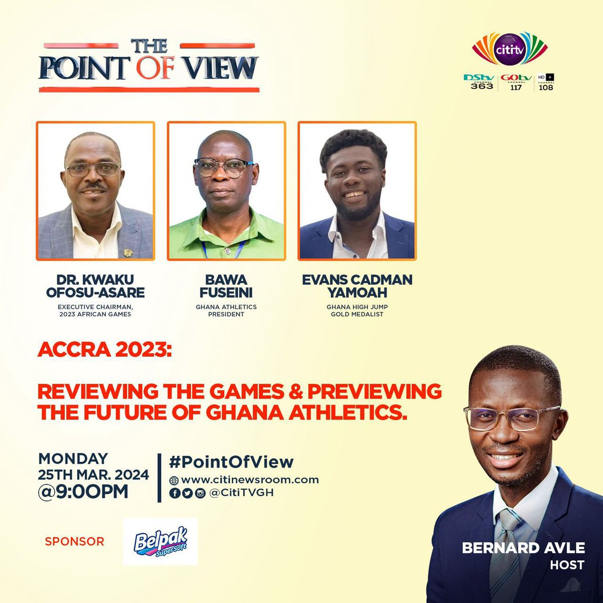 Citi973's tweet photo. “Reviewing the games and previewing the future of Ghana athletics”
Tonight on the #PointofView on Citi TV with @benkoku 
Don’t miss out on the show! https://t.co/ye2MU9er38