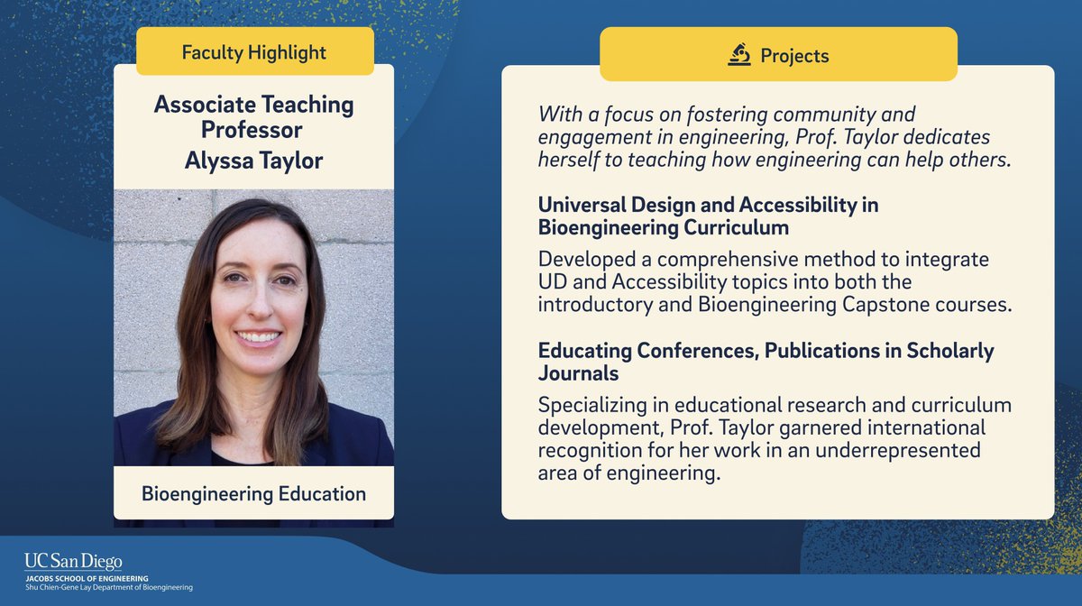 Learn more about Alyssa Taylor who specializes in educational research and is passionate on integrating inclusivity into STEM education! 🌟Her projects can be found at our Instagram @ucsdbioengineering and explores how her work seeks to educate and empower students!