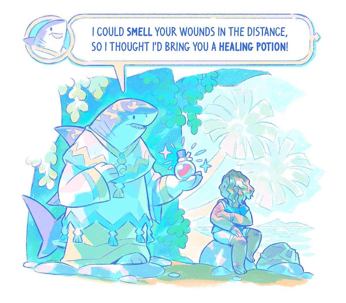 I made this sketch for an idea I had a long time ago exploring the idea of the famous myth that sharks "smell a drop of blood in 2 million liters of water" and become uncontrollably frenzy.

This scene depicts a distant event in the past history of my shark civilization.🦈✨