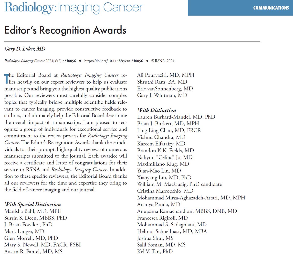 Check out the recipients of the 2023 Editor’s Recognition Awards for Radiology: Imaging Cancer manuscript reviewers! The journal thanks all the excellent reviewers for their time and efforts to improve the field of cancer imaging. #Cancer #CancerImaging