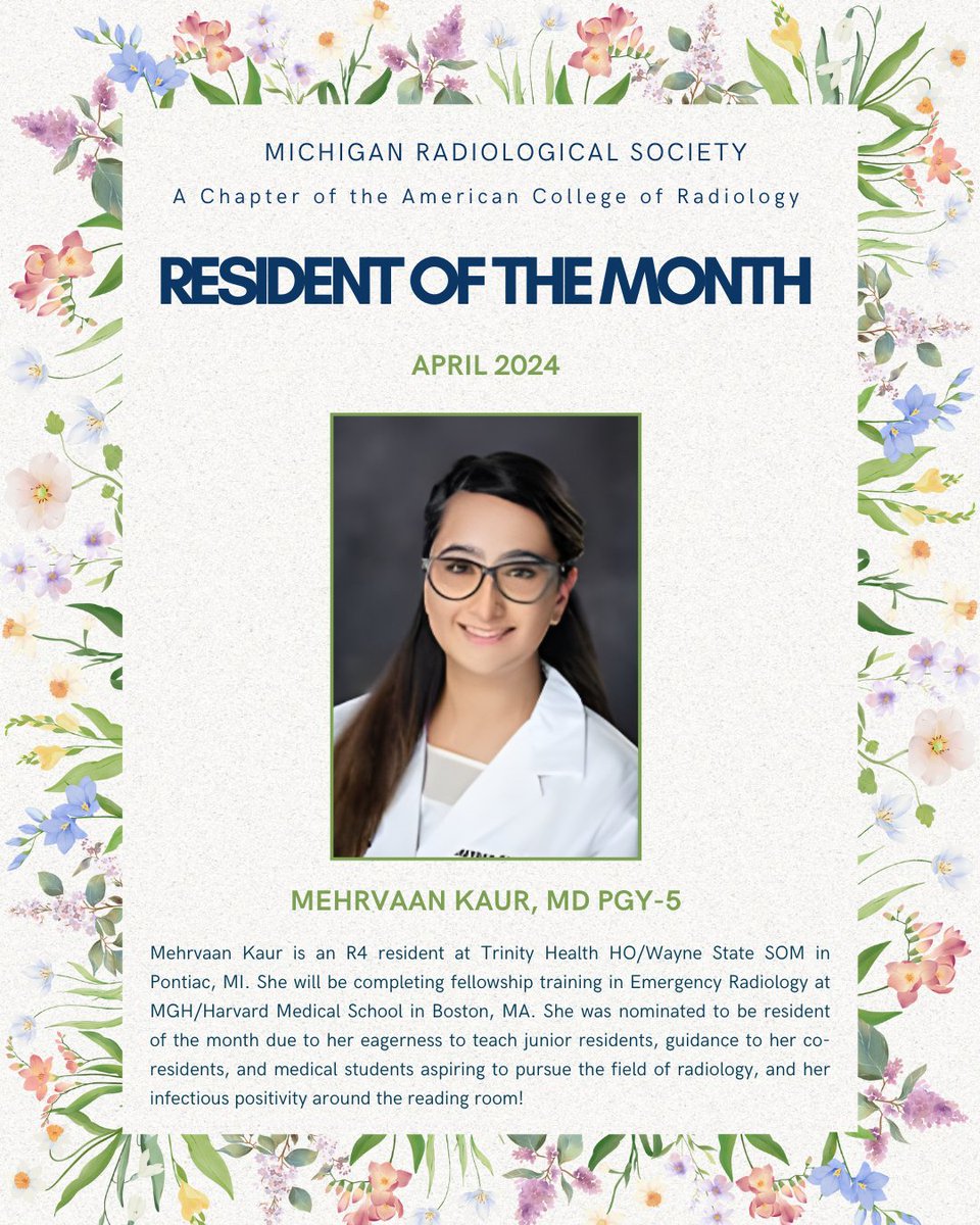 🌟 Radiology Resident of the Month 🌟 We are thrilled to announce @MehrvaanKaur as our Radiology Resident of the Month for April 2024! 🎉👏@MehrvaanKaur #MRS2024 #Radiology #radres