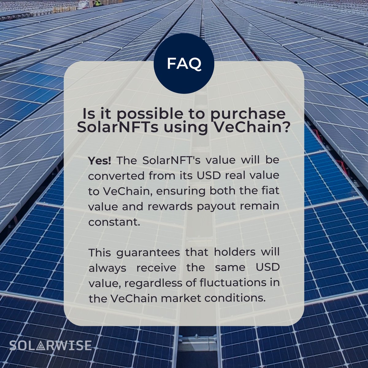 Are you curious on how you can Mint and receive rewards with SolarNFTs? ⚡️

Here is a one of our FAQs. 🤔

If you want to learn more, make sure to check out our website: solarwise.vet

#VeFam $VET #RWA #Sustainability